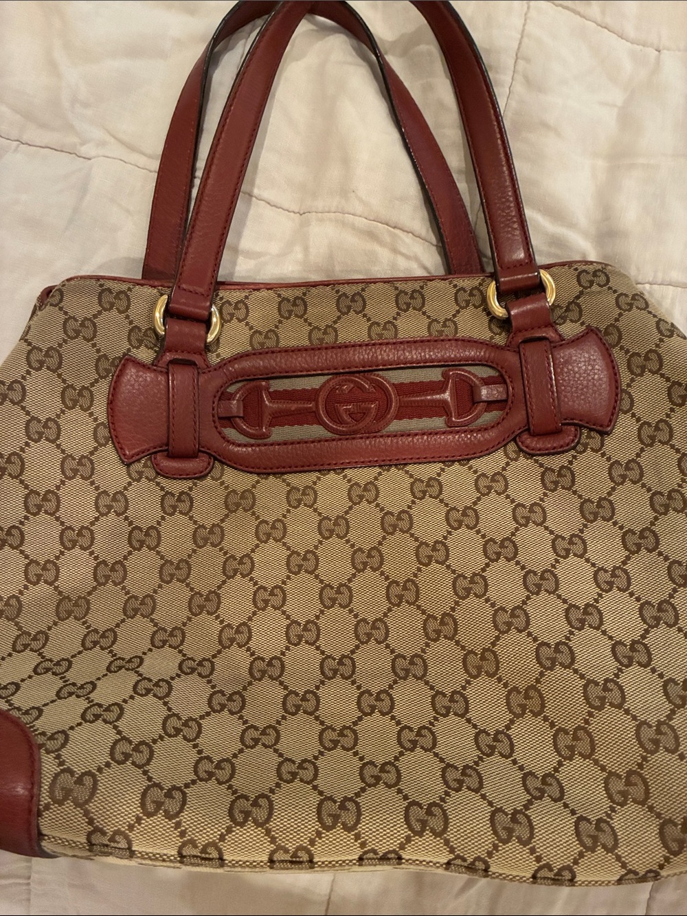 Gucci Monogram Tote Bag in Beige and Burgundy